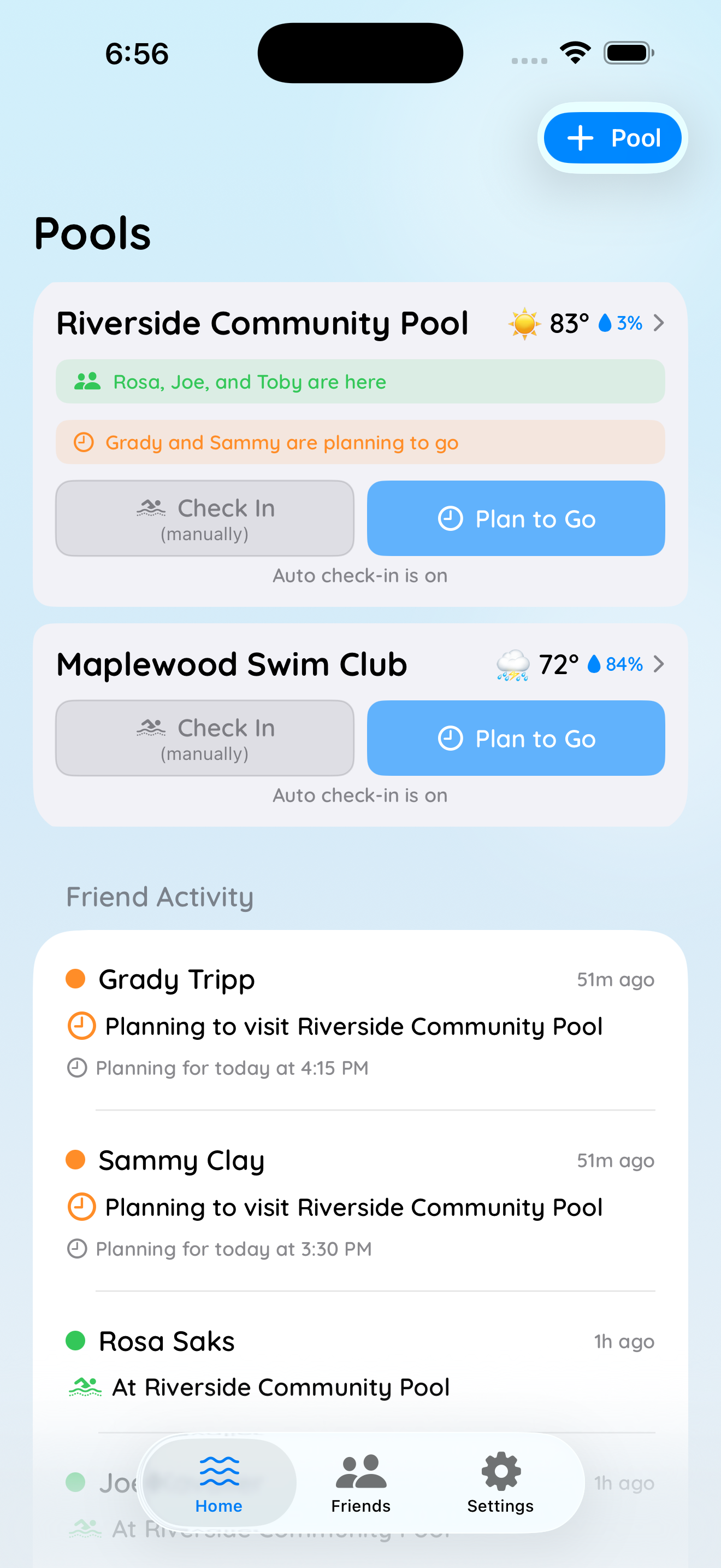 PoolCheck home screen showing friends at the pool