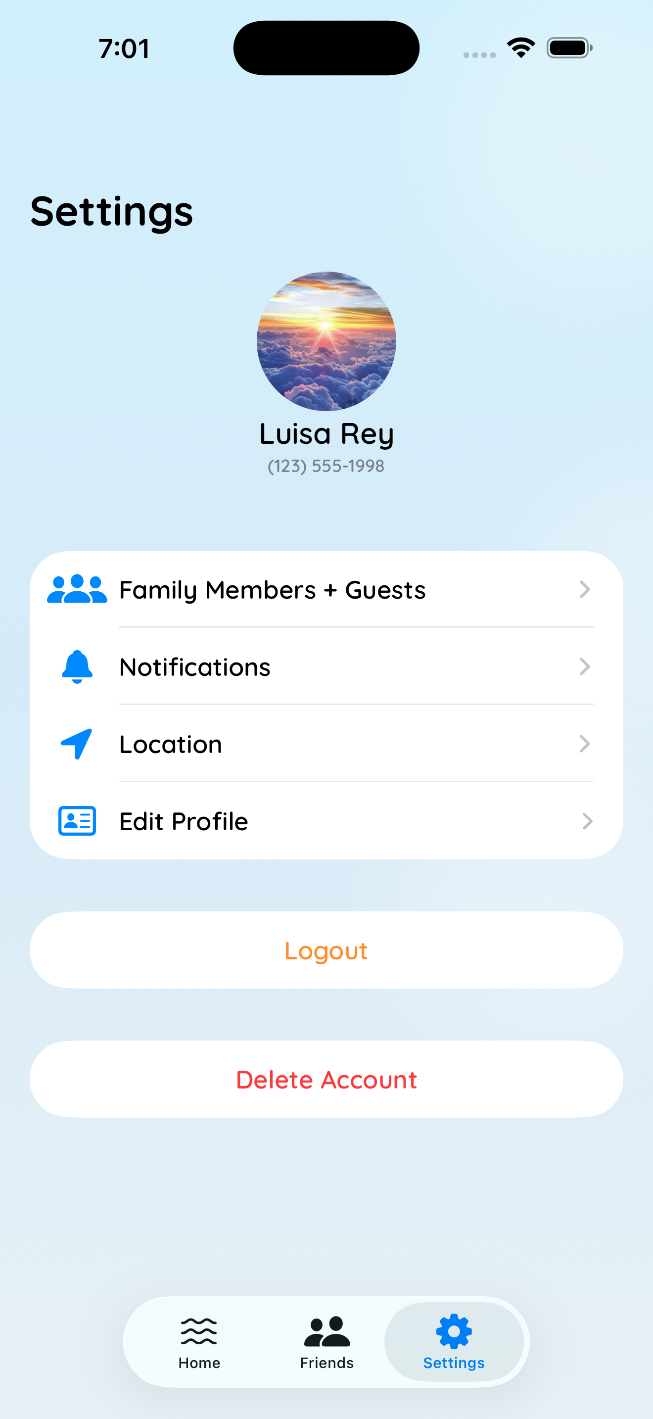 Settings and profile screen